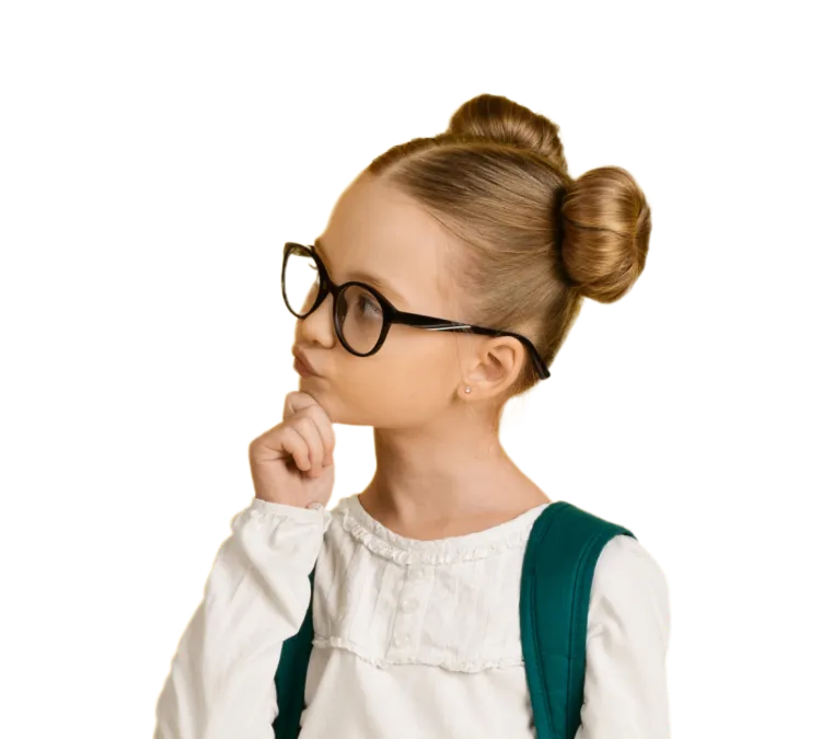 Girl with glasses thinking, promoting orthodontics.