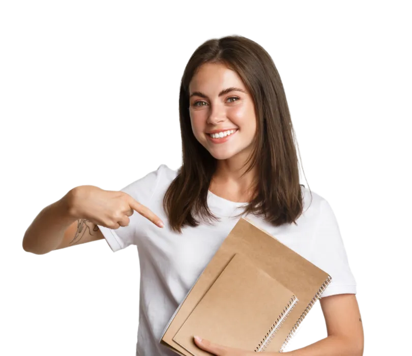 Teenage girl holding books and pointing to orthodontics.